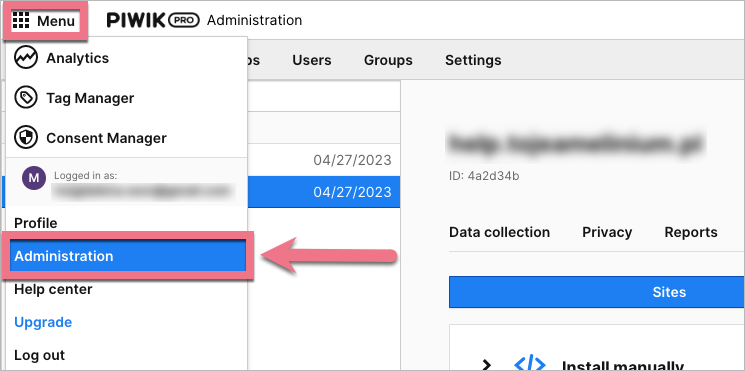 integracja Piwik PRO z Landingi - menu