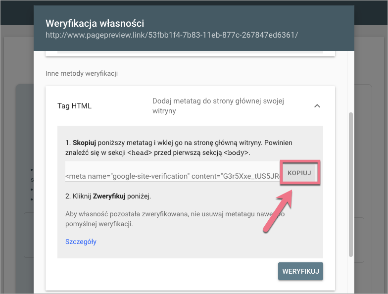 skopiuj meta tag search console