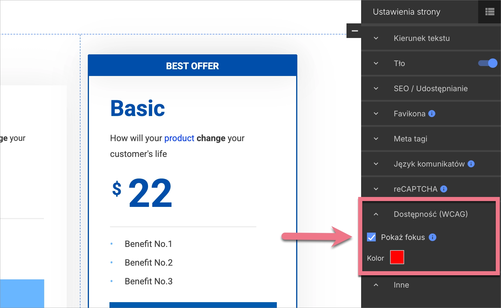 Zakładka fokusa w edytorze Landingi