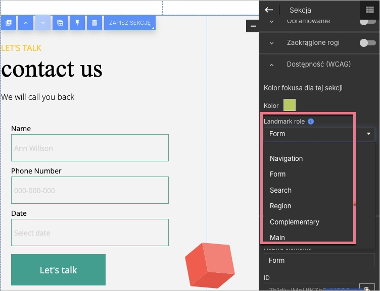 Panel edytora z rozwiniętą listą r&oacute;l Landmark role