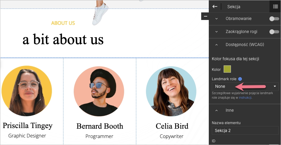 landmark role &ndash; ustawienie domyślne