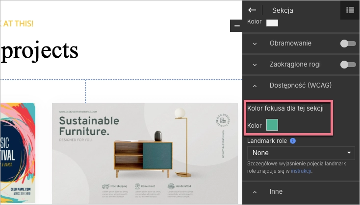 Panel edytora z widoczną opcją wyboru koloru fokusa dla wybranej sekcji landing page&rsquo;a