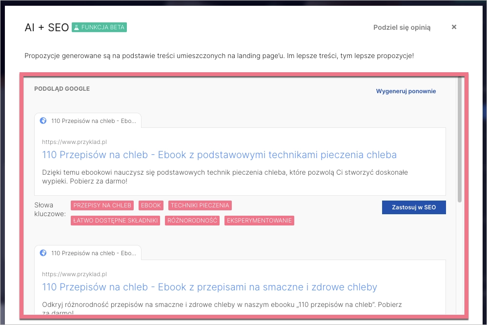 Propozycje SEO stworzone przez generator AI