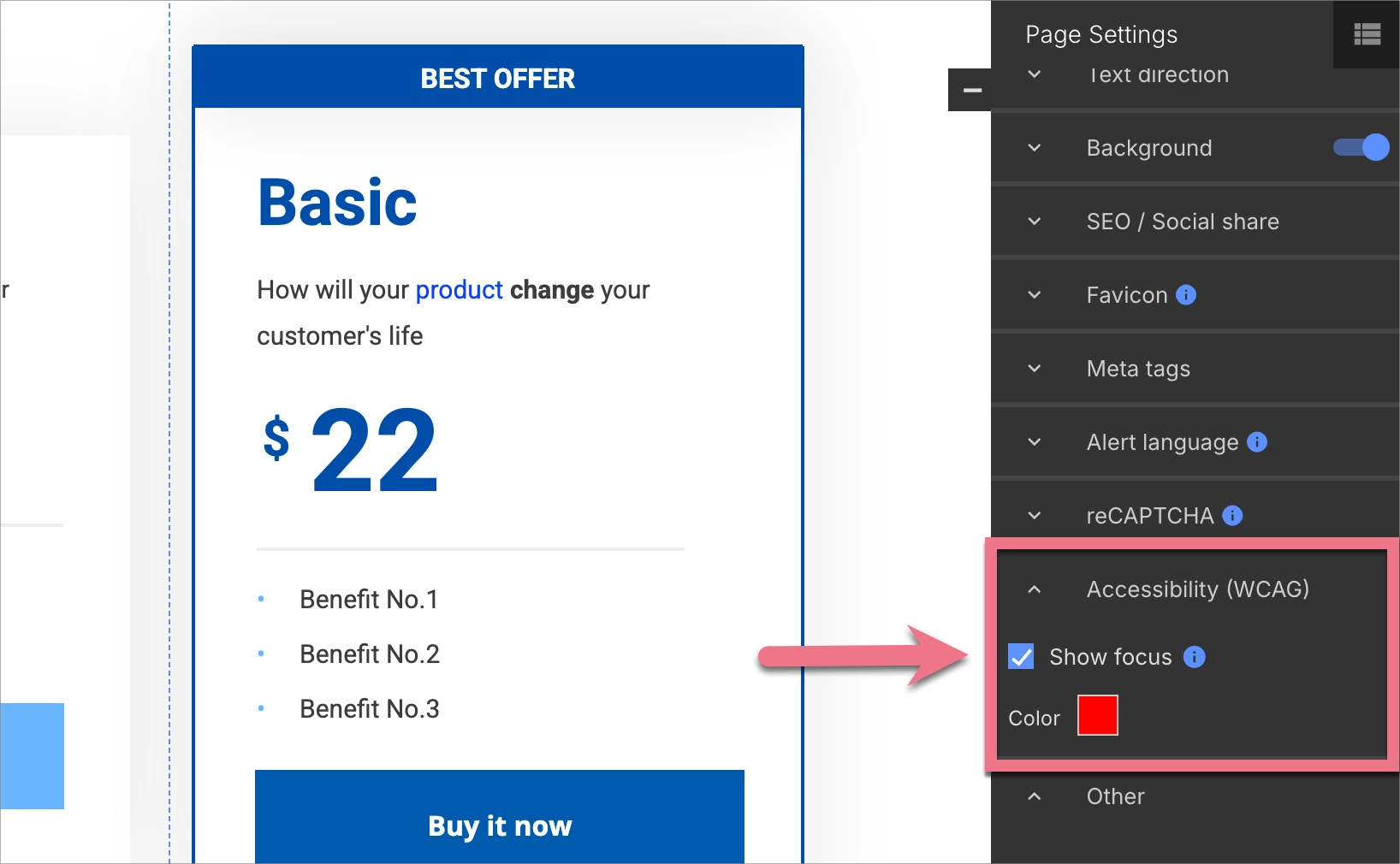 Focus Style tab in the Landingi editor