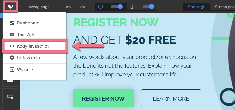 Nawigacja do kod&oacute;w JavaScript landing page'a w Landingi