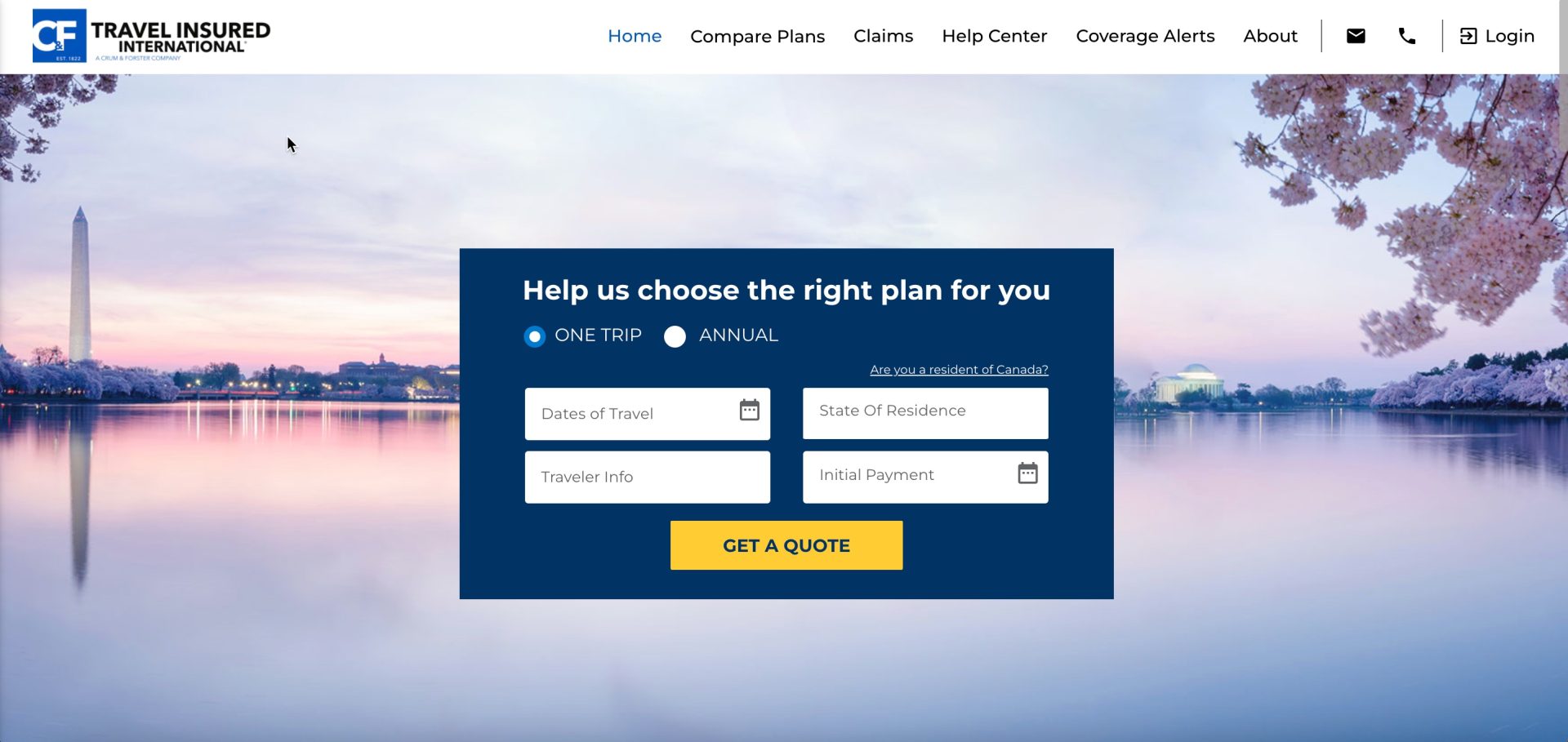 Reiseversicherung landing page von Travelinsured