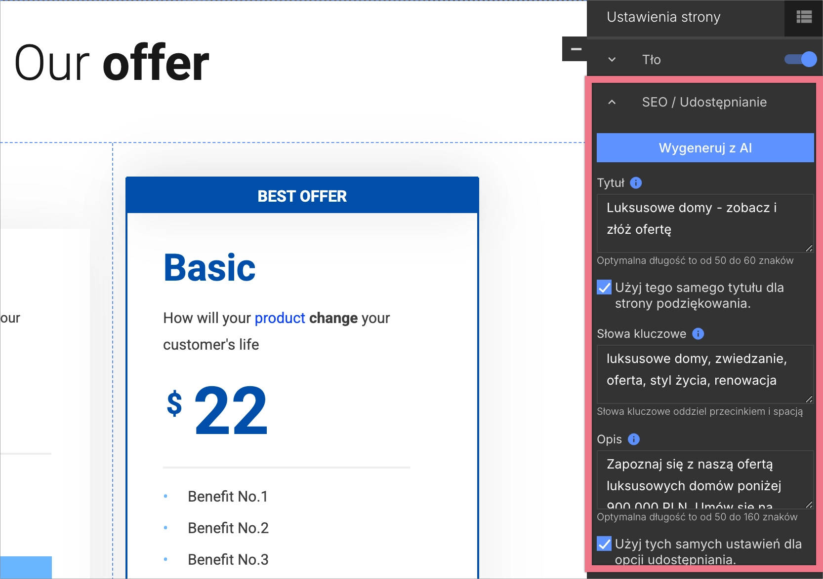Ustawienia SEO dla landing page'a w Landingi
