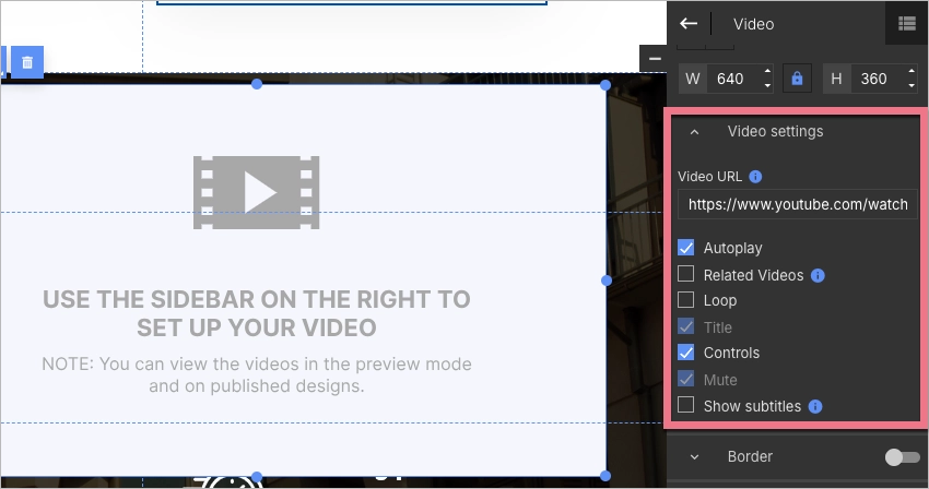 Video widget options in Landingi