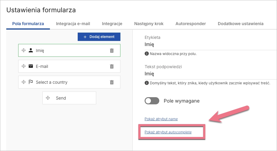 Widok ustawień formularza