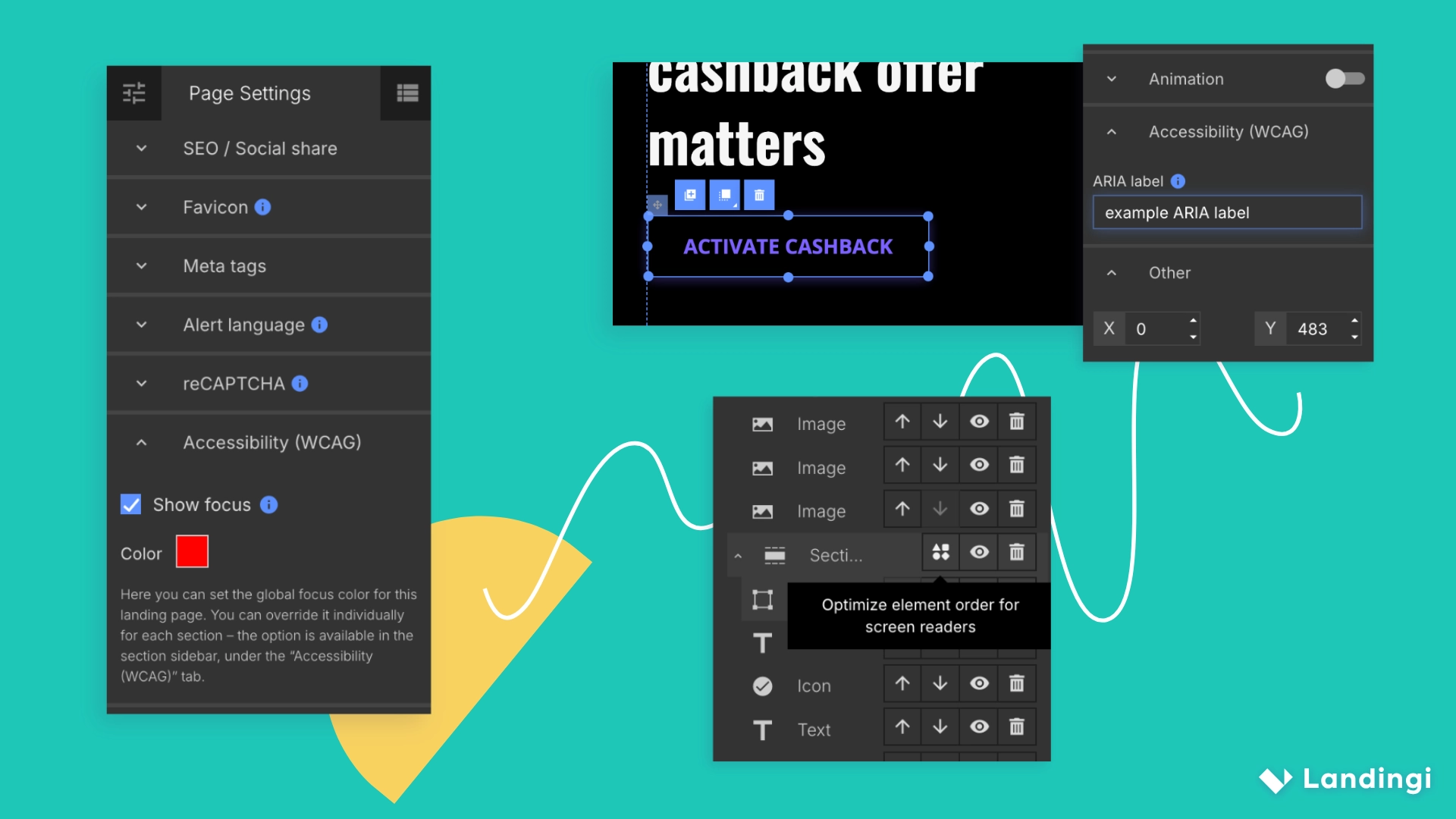 Global accessibility settings in Landingi, including focus color and element order optimization.