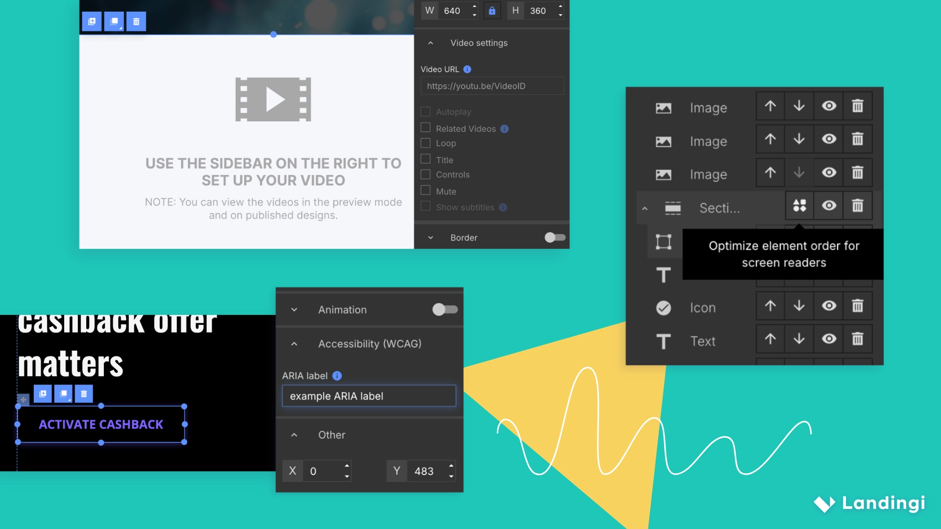 Accessibility tools in Landingi: element order, ARIA labels, and video settings.
