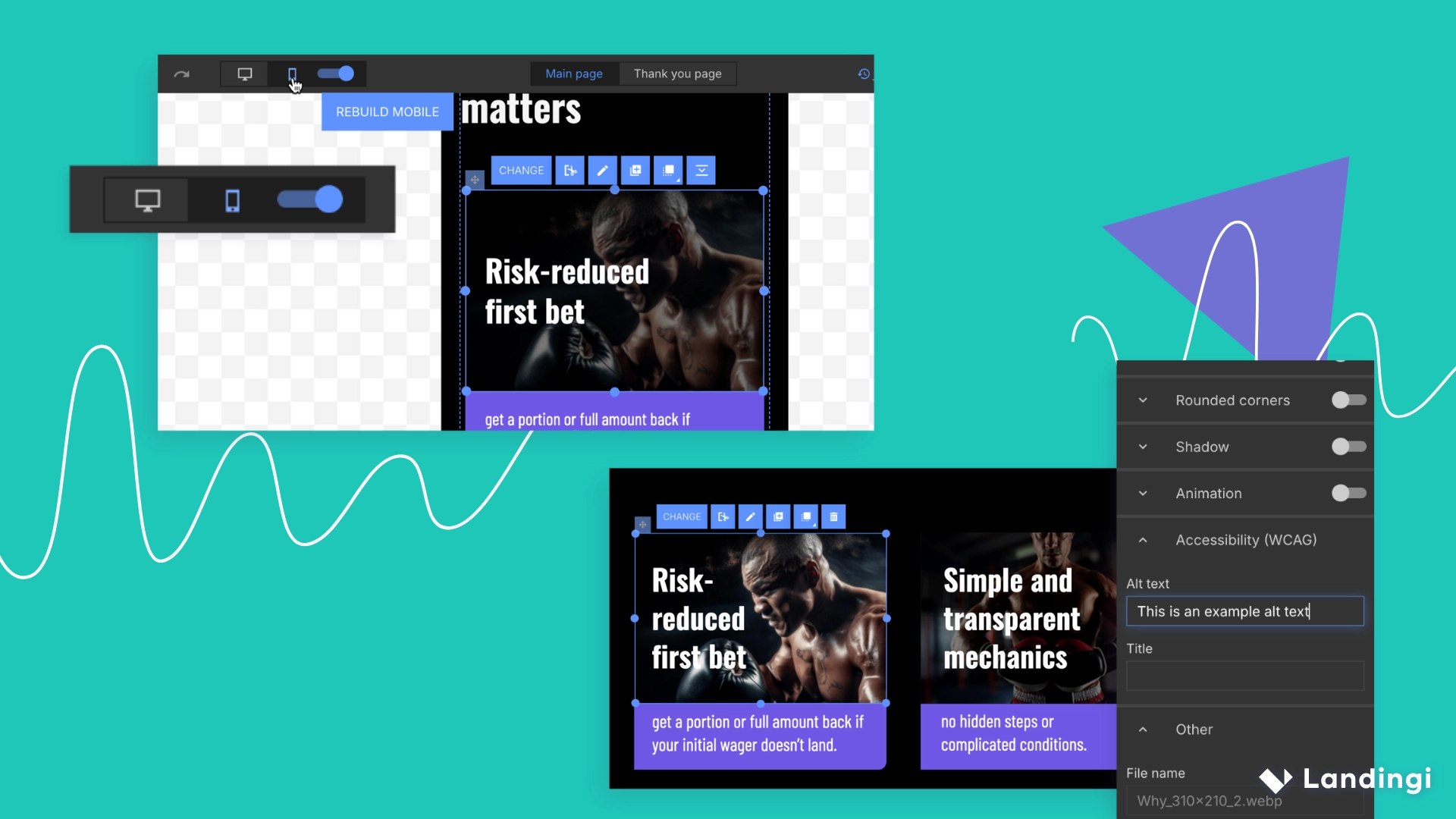 Switching between mobile and desktop views with alt text editing in the Landingi editor.