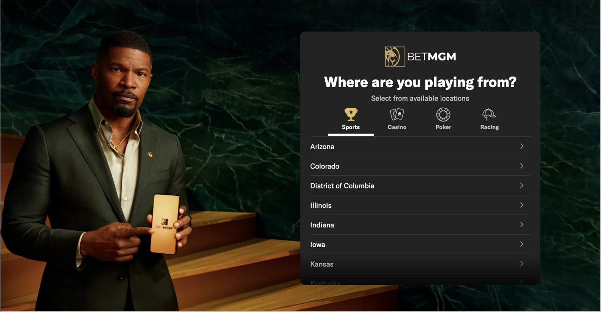 BetMGM - &oacute;timo exemplo de um splash landing page que chama a aten&ccedil;&atilde;o do visitante de forma eficaz
