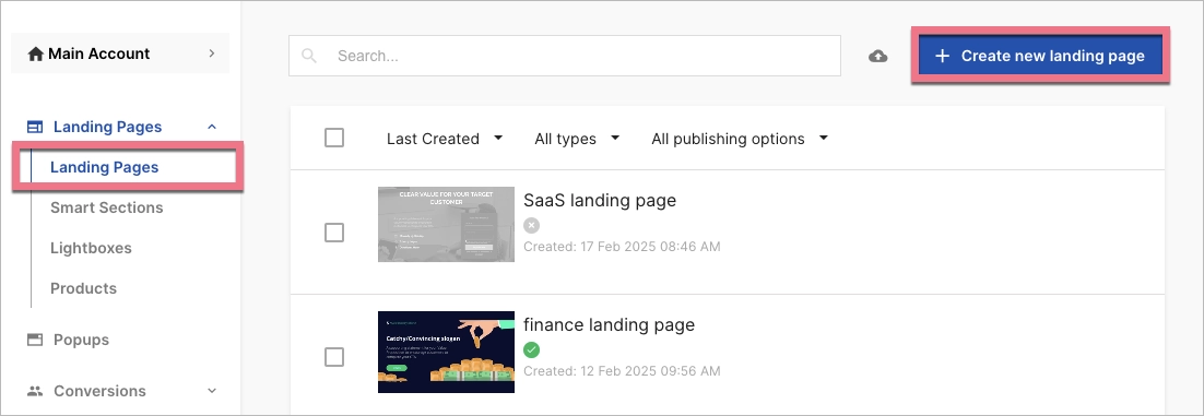 Vista da plataforma Landingi