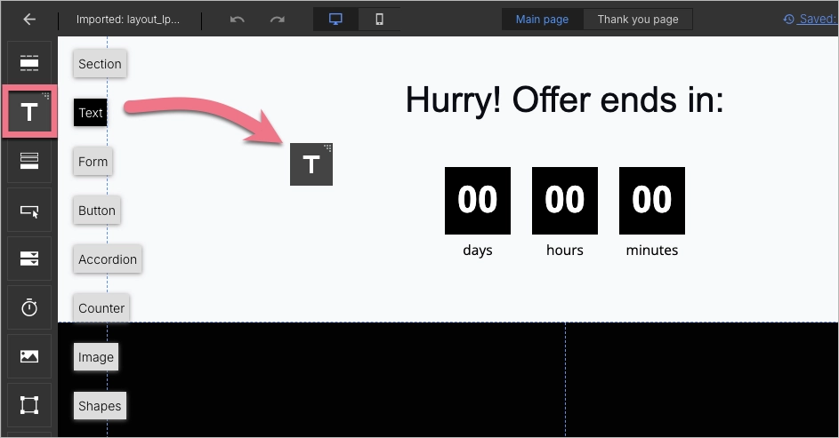 Arraste e solte widgets no editor Landingi para criar uma p&aacute;gina: design da Web com links de navega&ccedil;&atilde;o m&iacute;nimos