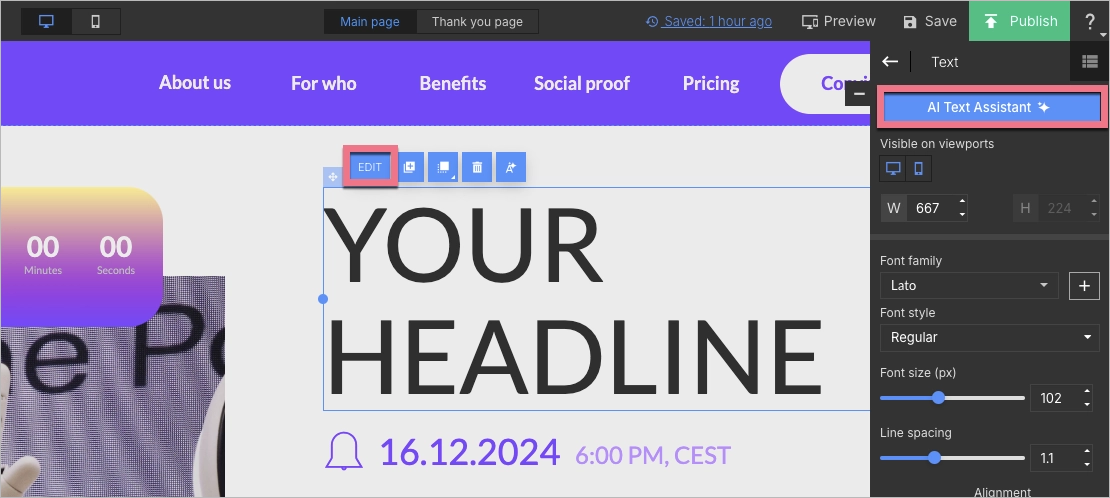 Op&ccedil;&otilde;es de edi&ccedil;&atilde;o de texto no editor Landingi