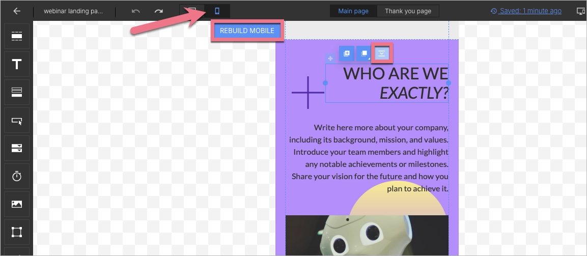 Landing page editor de visualiza&ccedil;&atilde;o m&oacute;vel em Landingi