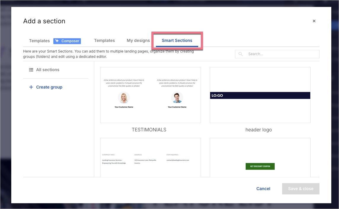 Como adicionar um Smart Section a um landing page