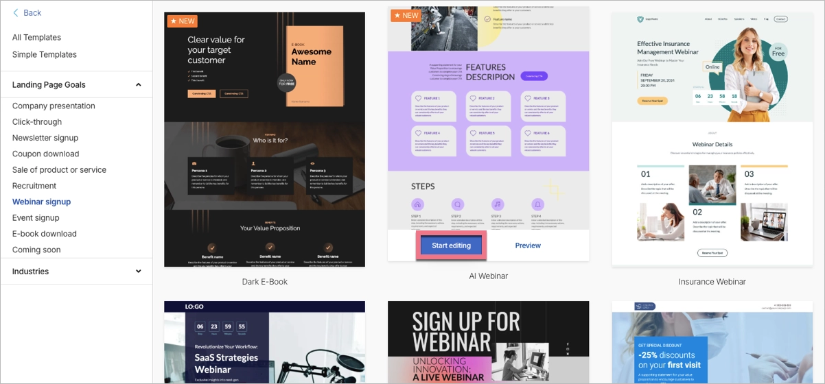 Galeria de modelos de webinar landing page
