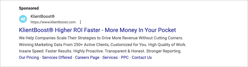Anuncio PPC de b&uacute;squeda de KlientBoost