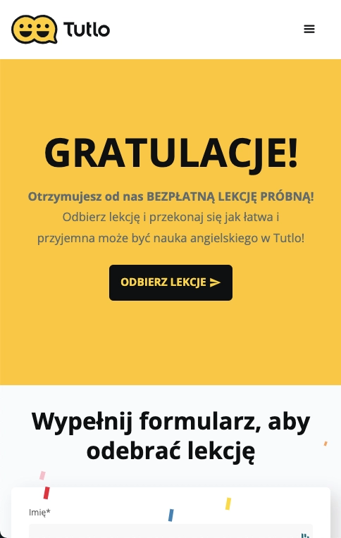 Landing page dla Instagrama Tutlo: promocja darmowej lekcji pr&oacute;bnej