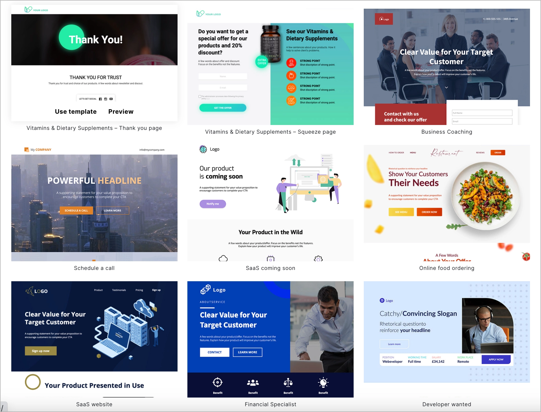 szablony landing page'y