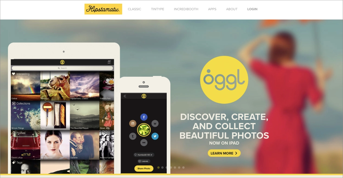 landing page f&uuml;r die Anwendung Hipstamatic