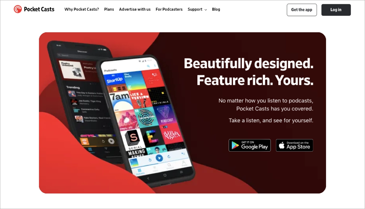Anwendung landing page Beispiel Pocket Casts