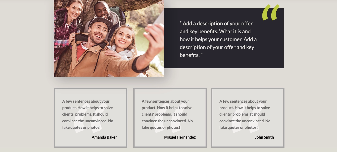 Abschnitt mit Erfahrungsberichten auf einer landing page