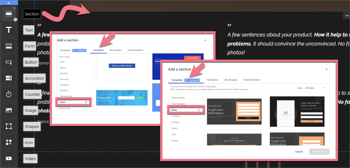 Adding Form Section in Landingi