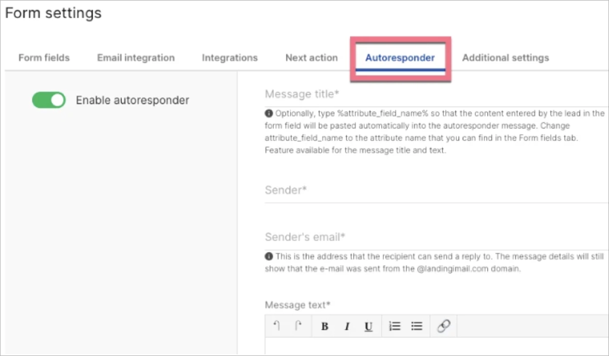 autoresponder settings - Landingi