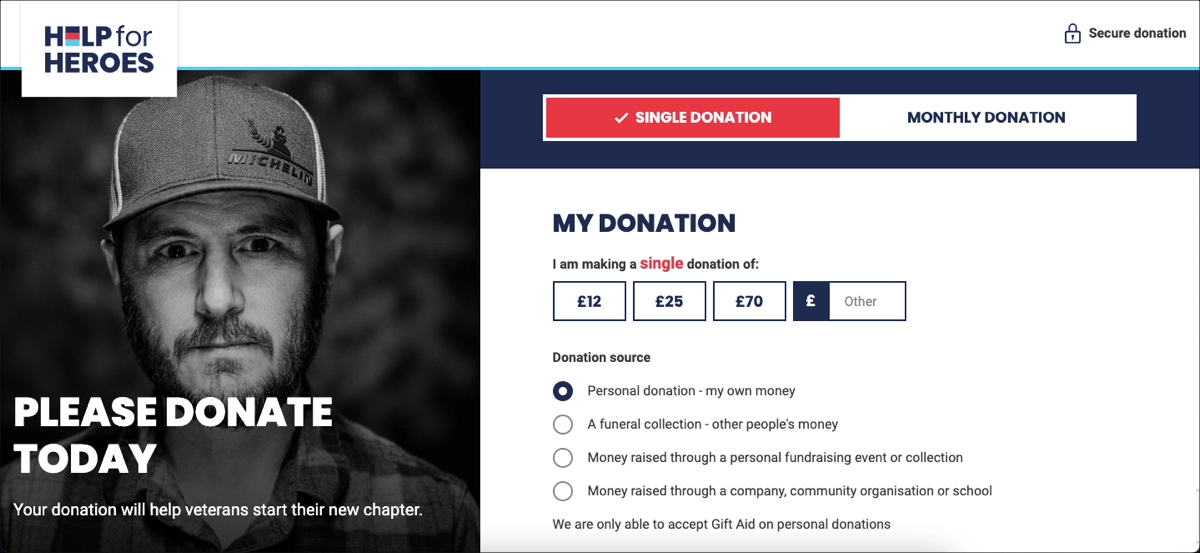 Help for Heroes - página de doações