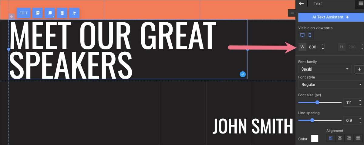 Widok kreatora Landingi ze wskazaniem na rozmiar landing page'a