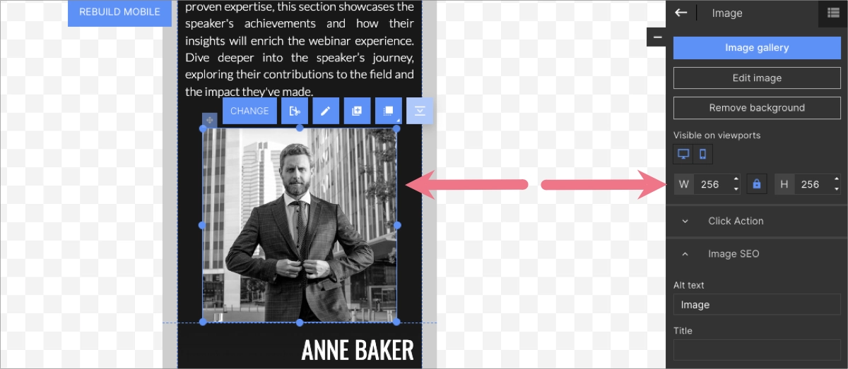 Widok kreatora Landingi ze wskazaniem na optymalny rozmiar obraz&oacute;w