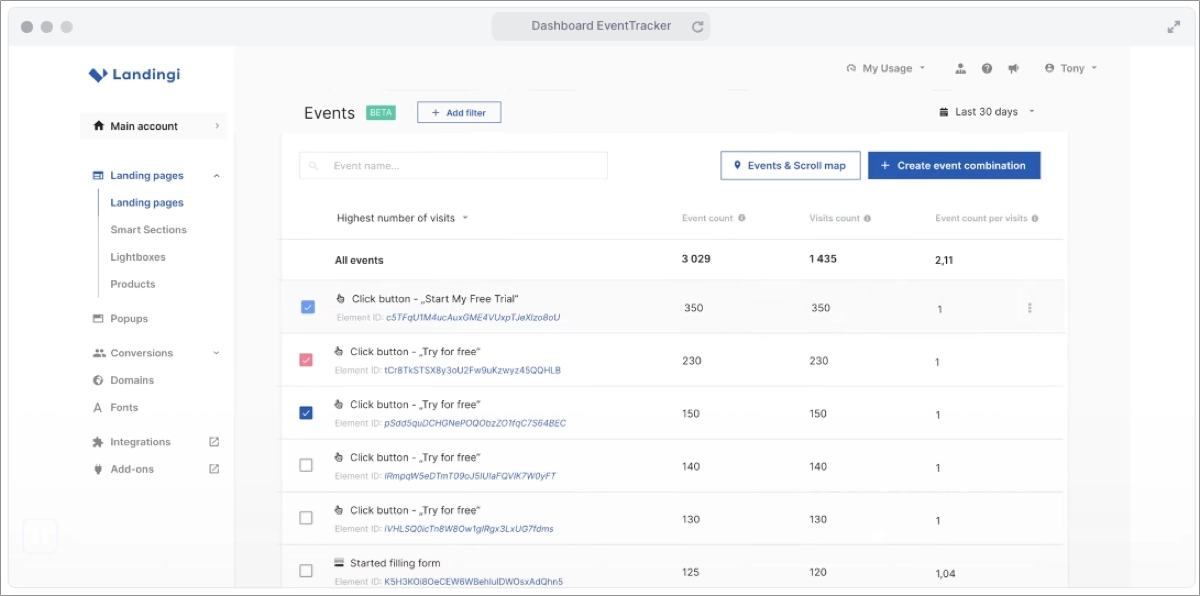 Interface EventTracker na plataforma Landingi
