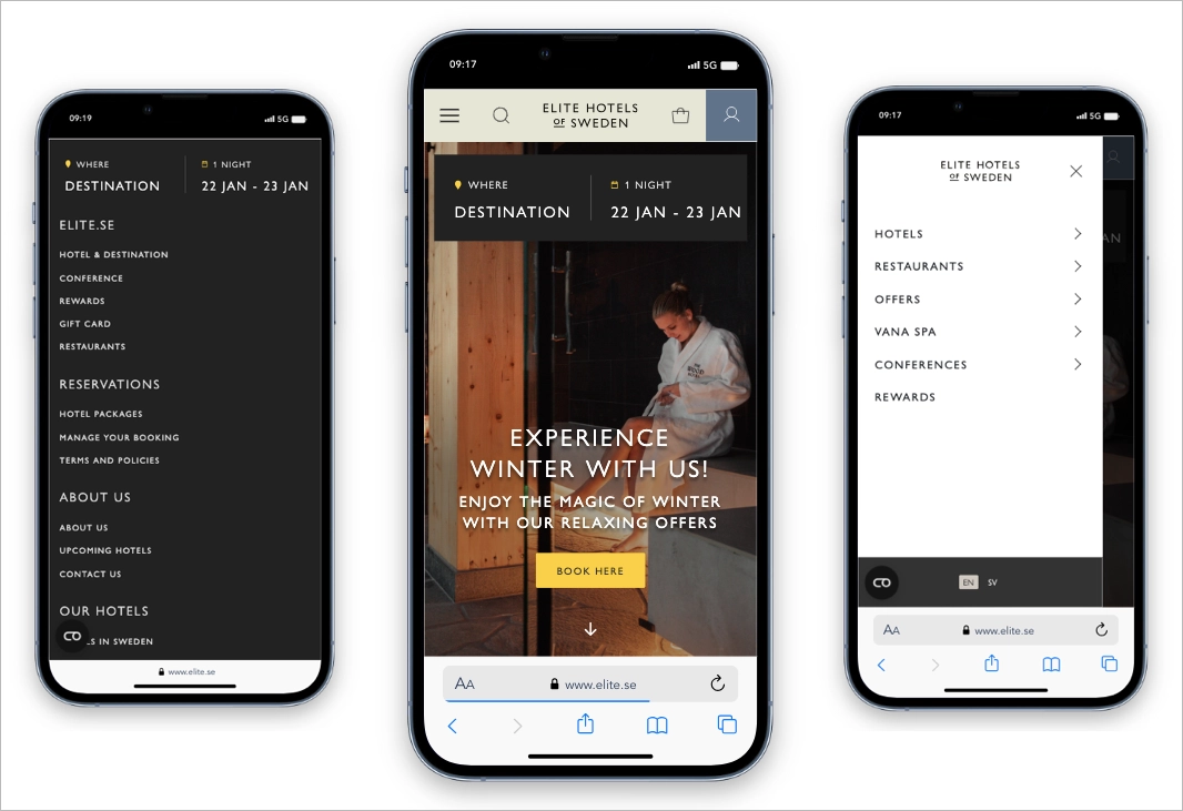 Example of simplified navigation on Elite Hotels mobile page