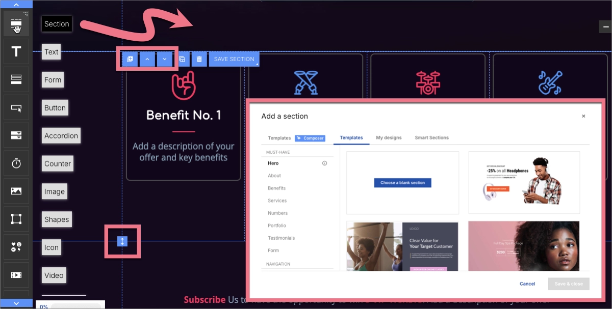 Adding page sections in Landingi