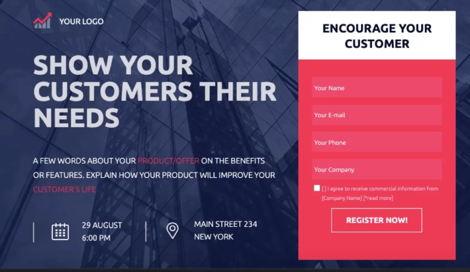 Modelo de evento landing page com formul&aacute;rio de registro e informa&ccedil;&otilde;es importantes sobre o evento