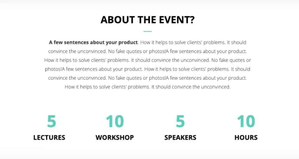 Se&ccedil;&atilde;o Event landing page com descri&ccedil;&atilde;o do evento e principais estat&iacute;sticas