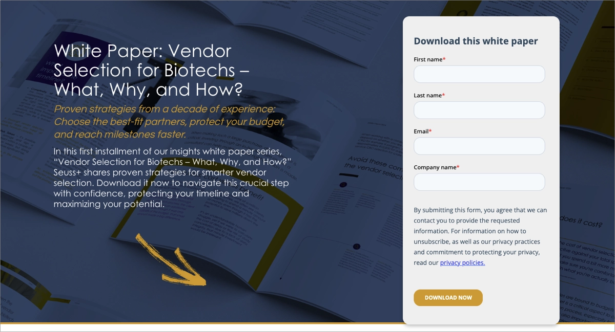 uno dei migliori landing pages per i white paper con freccia arancione sotto l'introduzione