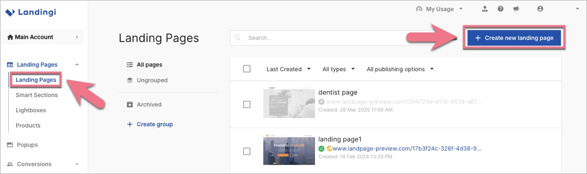 Erstellen eines landing page