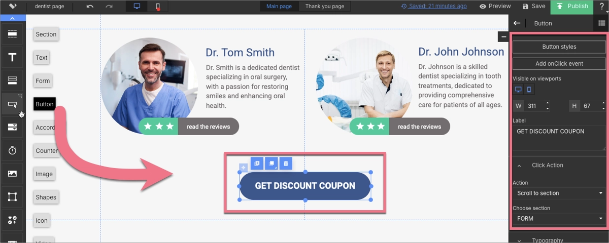 CTA on a dentist landing page