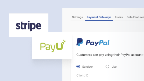 Logos for Stripe, PayU, and PayPal shown on a payment gateway settings screen