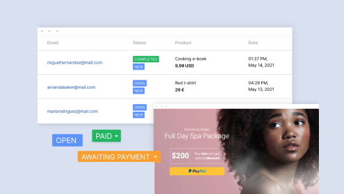 A transaction table with status tags and an online payment page featuring a woman and a 0 spa package