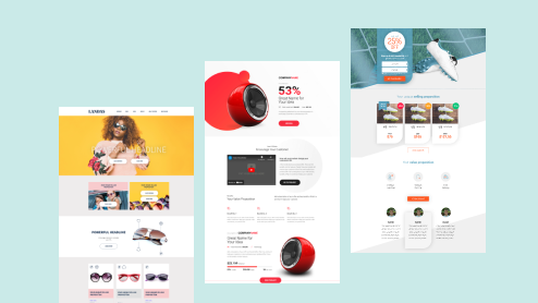 Three colorful website landing page designs featuring products, discounts, and promotional offers on a light blue background