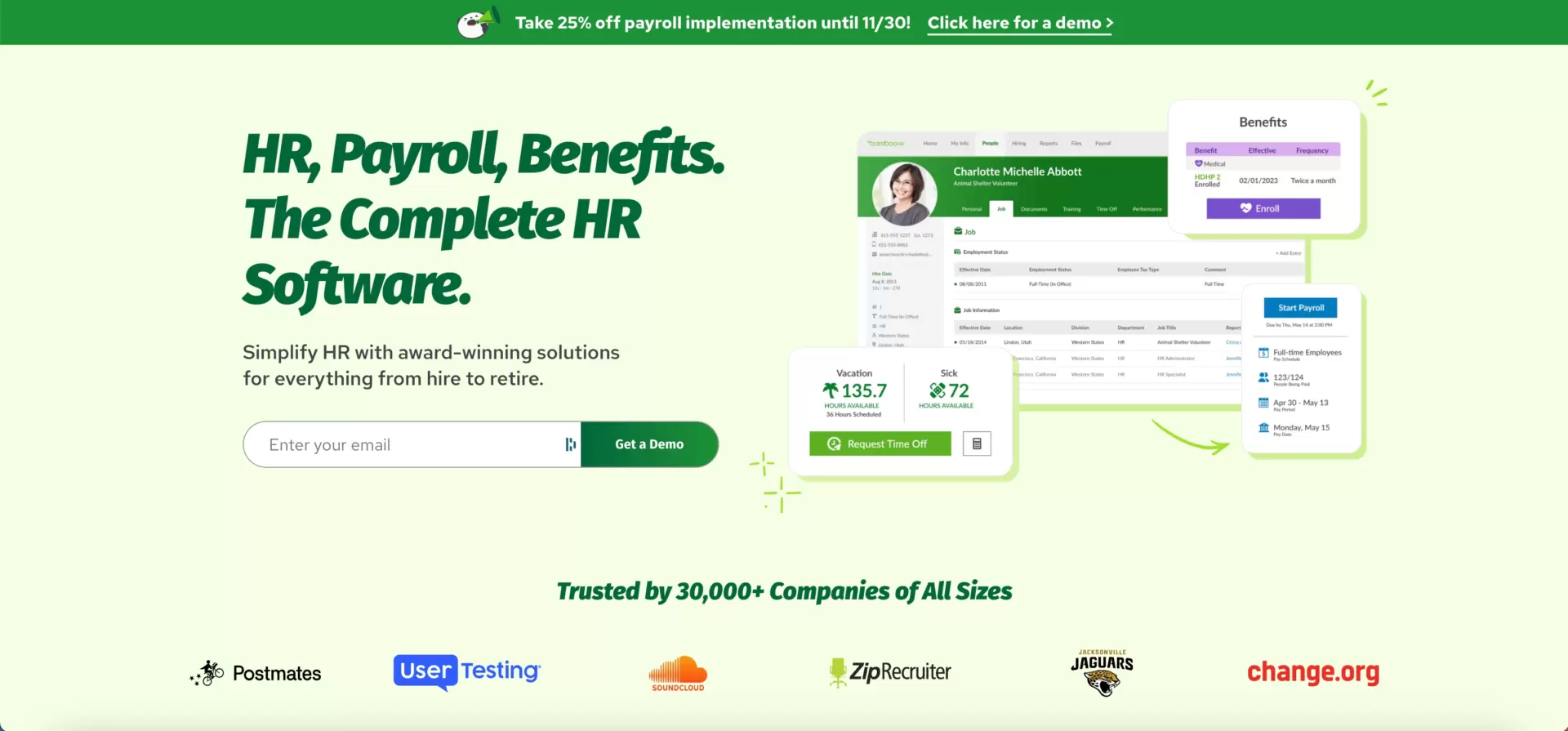 BambooHR opt in landing page avec une d&eacute;mo comme lead magnet