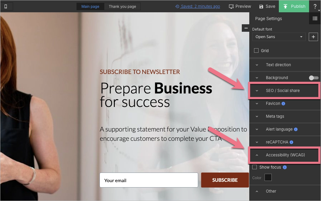 SEO and accessibility options in landing page editor