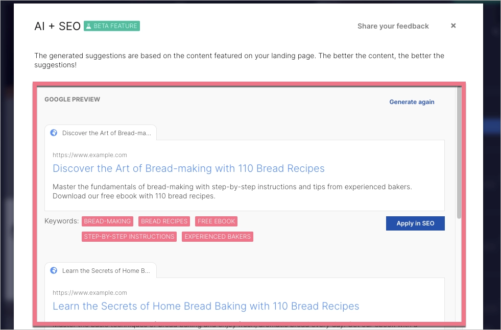 AI-powered SEO ideas generated in Landingi