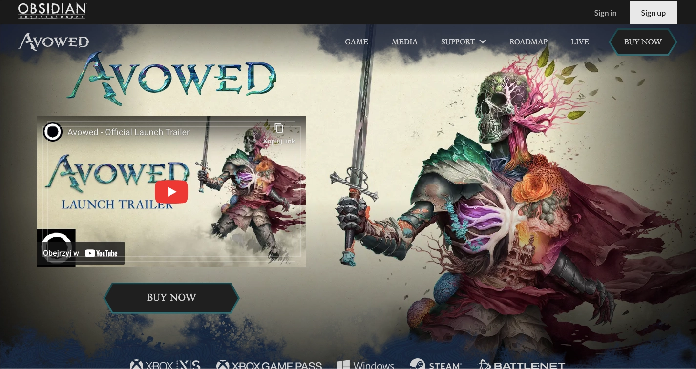 Well done game landing page with great copy: Avowed