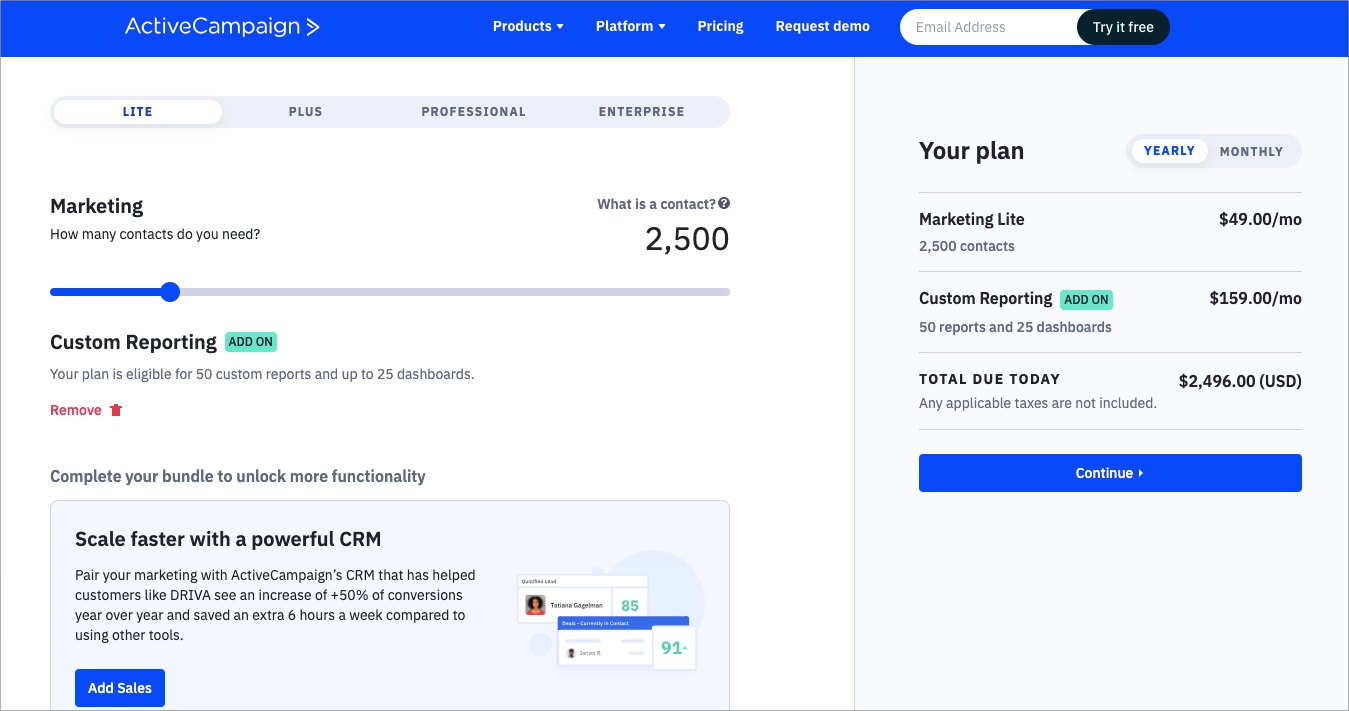Page with customizing ActiveCampaign plan options
